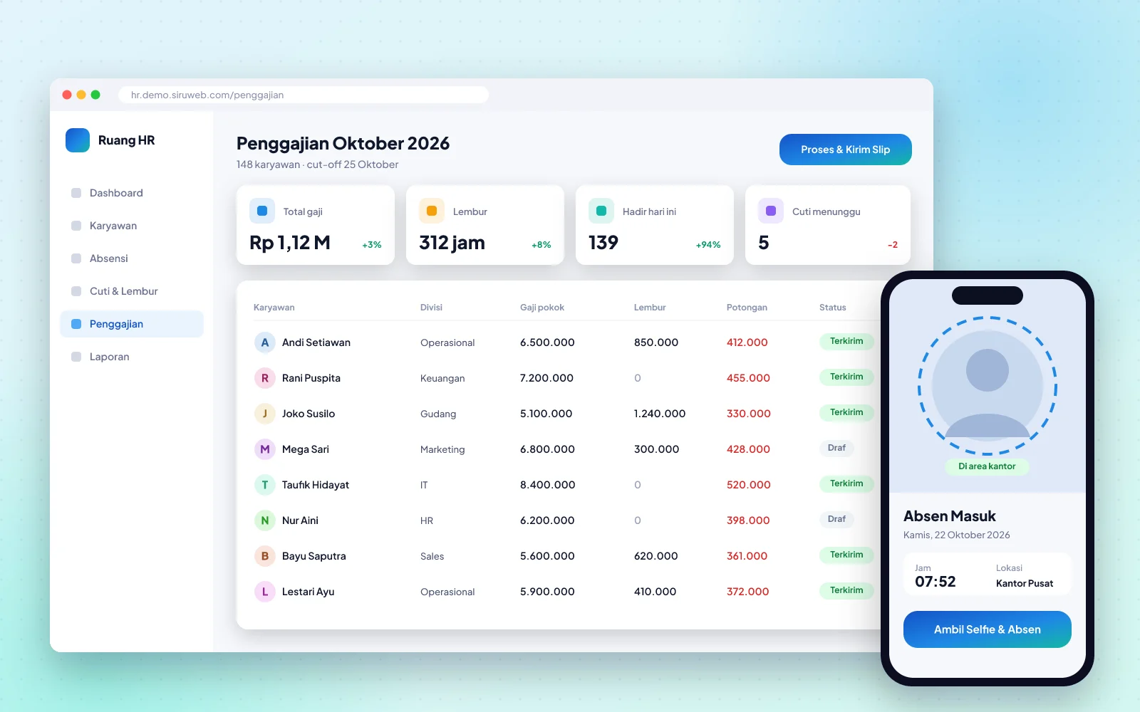 Contoh tampilan HRIS & Penggajian