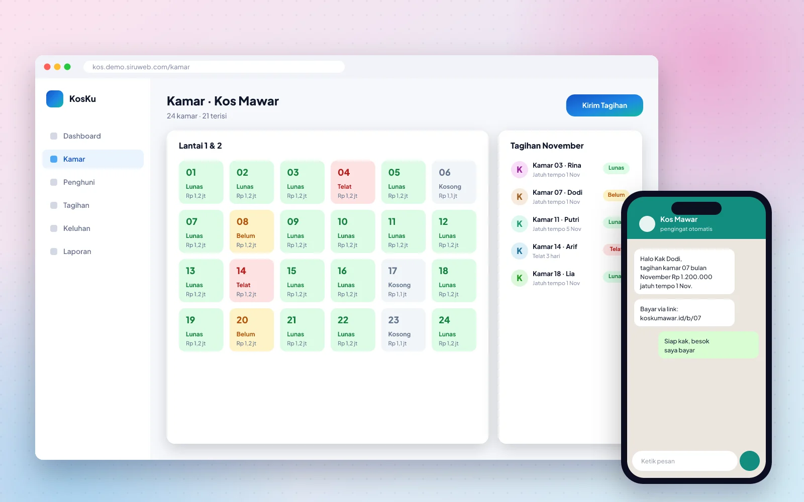 Contoh tampilan Manajemen Kos & Kontrakan
